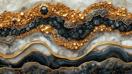 Abstract Agate Stone with Gold Inclusions and Black Crystals