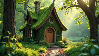 Obraz premium Enchanted Mossy Cottage in a Lush Forest
