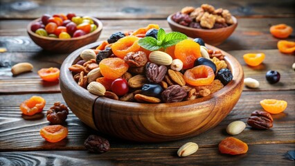 A wooden bowl overflowing with a colorful mix of dried fruits and nuts, a delightful medley of nature's bounty.