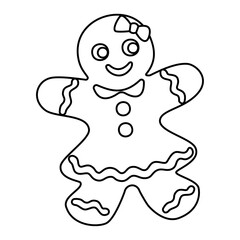 Gingerbread girl doodle style. Hand drawn black and white isolated holiday baking. Coloring page art therapy, line art Christmas sweet. Vector illustration