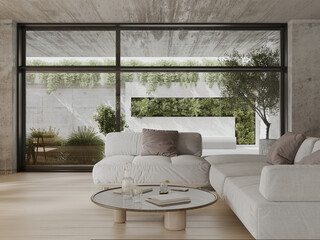 Modern living room interior with concrete walls and garden view, 3d 