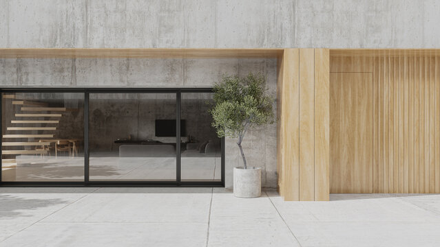 Modern wood and concrete house exterior, 3d rendering