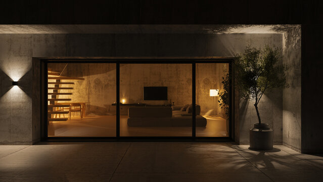 Modern concrete exterior at night with outdoor and indoor lights, 3d 