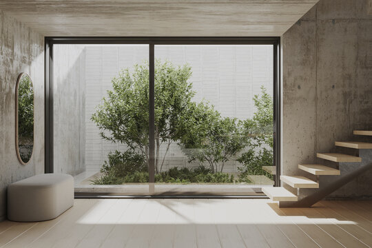Fototapeta Modern minimalist interior with wooden stairs and garden view window