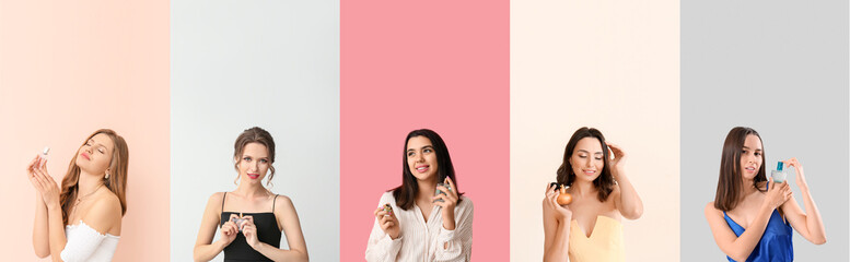 Collage of attractive young women with perfumes on color background