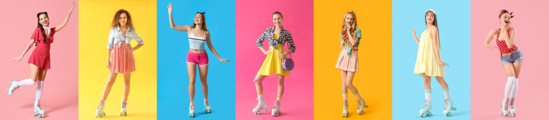 Set of stylish women with roller skates on color background