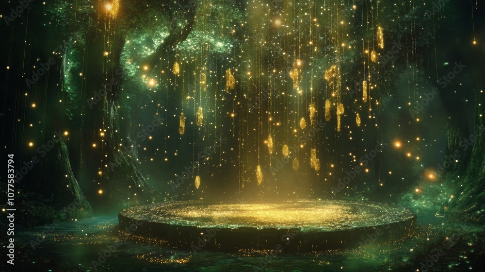Poster A serene magical pool sparkles beneath cascading golden lights in a mystical forest. Surrounding trees are enveloped in a soft glow, creating an enchanting atmosphere during twilight.
