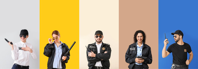 Group of young police officers on color background