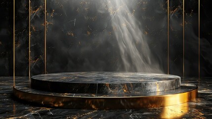 Marble podium with golden rim and spotlight for product display.