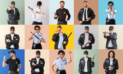 Set of young police officers on color background