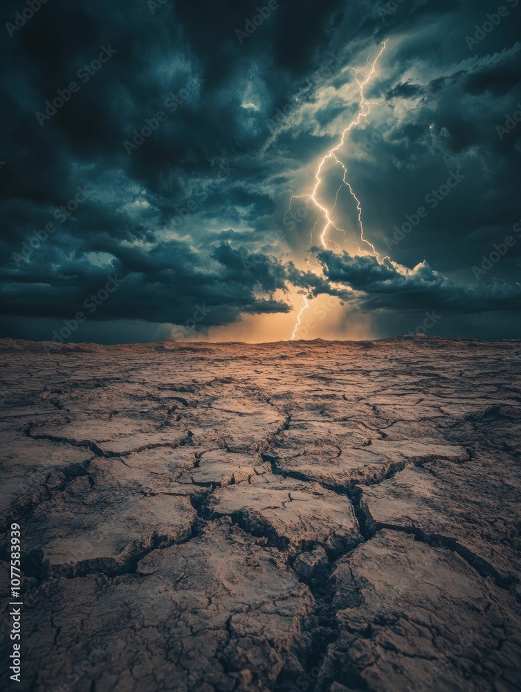 Aufkleber dark storm clouds gather above the arid desert, as flashes of lightning illuminate the cracked terra