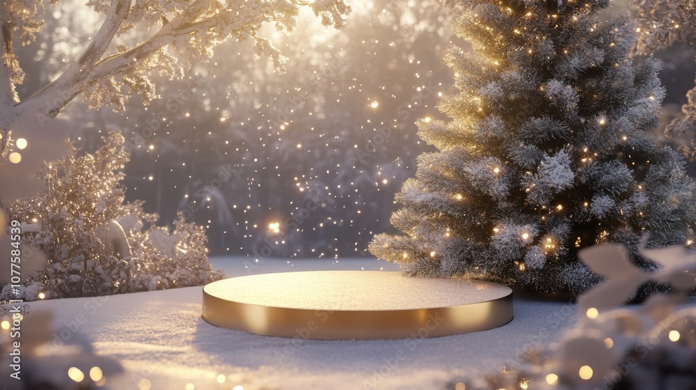 Fototapete a golden circular podium is situated in a snowy forest scene. the podium is covered in light snow an