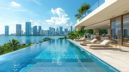 Fototapeta premium Modern luxury home with infinity pool overlooking city skyline.