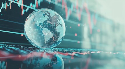 A glass globe sits on a table with a blurred background of stock market charts, representing global finance and investment.