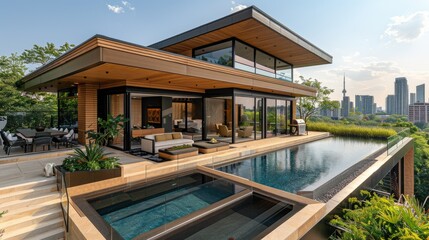 Fototapeta premium Modern house with infinity pool overlooking city skyline.