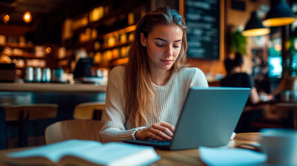 Fototapeta premium Woman Studying at Coffee Shop with Books and Laptop
