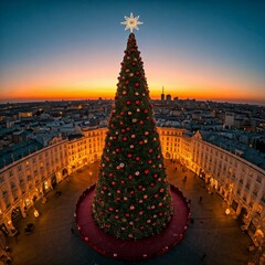 Big Christmas tree in town center people gathering festive huge decoration city square