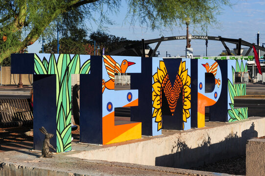Public three-dimensional artwork featuring a colorful design with large letters spelling out 'Tempe' in downtown Tempe, Arizona