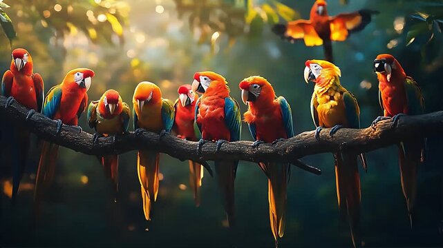 Nature video clip of a flock of colorful parrots perched on tree branches, their melodic calls and vibrant feathers, documentary video.