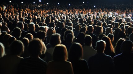 A large crowd of people gather in an amphitheater, their faces illuminated by the stage lights.