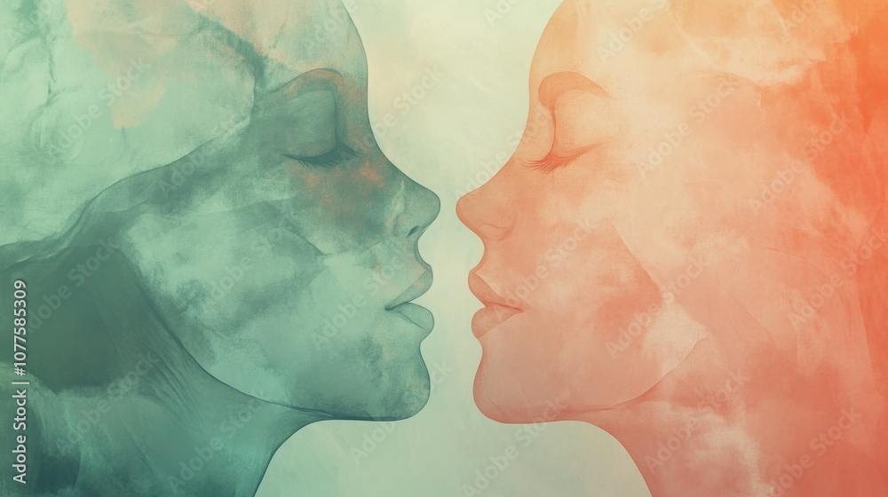 Fototapete The silhouettes of two faces in soft pastel colors convey a deep sense of empathy and connection in a calm atmosphere. Generative AI