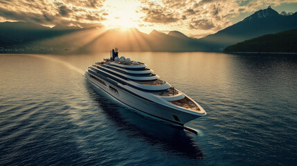 Luxury cruise ship sailing towards the sunset in a fjord