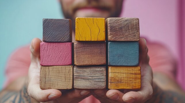 Man holding nine colorful wooden blocks.