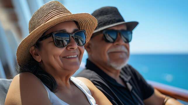 Senior hispanic couple enjoying relaxing sunny vacation on cruise ship deck