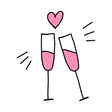 Pair of champagne glasses with heart isolated on white background in doodle style. Hand drawn cute champagne glass for Valentines Day, weddings. Use champagne glass for celebrating love and Valentine