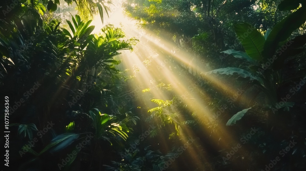 Poster Sunlight filters through dense tropical trees, illuminating vibrant green leaves and creating a tranquil, peaceful environment in the forest. Generative AI