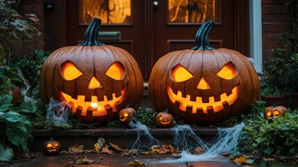 Fototapeta premium Two carved pumpkins glowing on a porch, surrounded by Halloween decor.