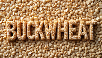 Obraz premium The word Buckwheat spelled out using buckwheat groats.