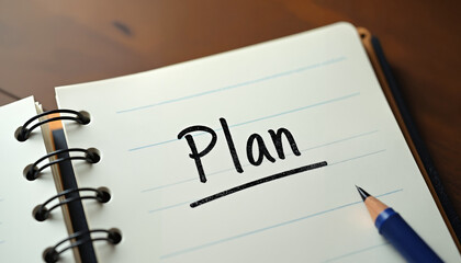 Close-up of a notebook with Plan written in ink