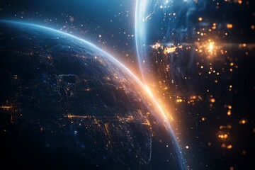 Futuristic planet bathed in advanced technology and glowing data streams in dark cosmos exploration