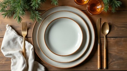 A wooden table set with white plates, gold cutlery (knife, spoon, fork), napkin, and two glasses of liquid. Some leaves are scattered around, adding a touch of nature to the elegant setup.