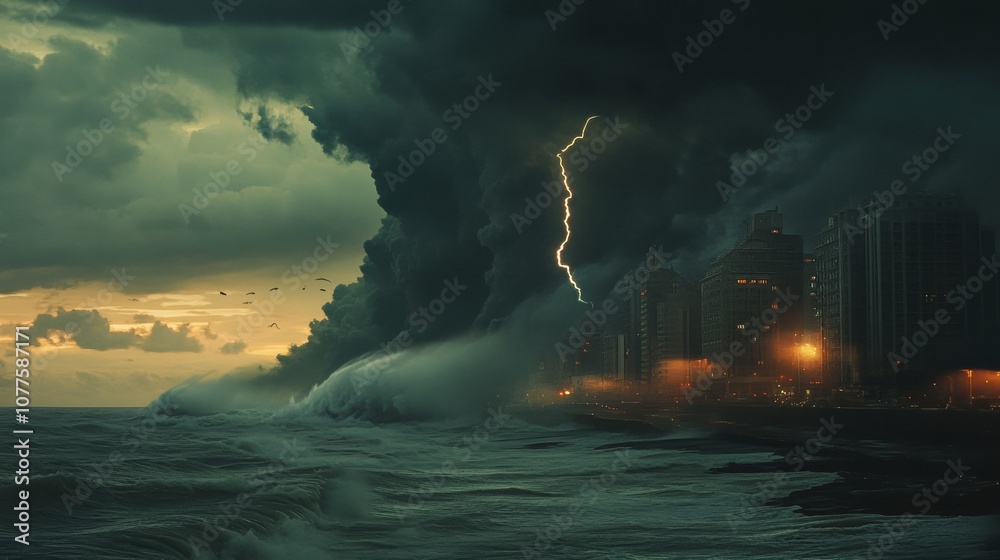 Poster Dark storm clouds loom above a coastal city while powerful waves crash ashore and lightning illuminates the sky, creating a dramatic atmosphere. Generative AI