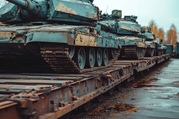 Fototapeta premium Armored vehicles and military equipment transported on railway flat wagon for exhibition display