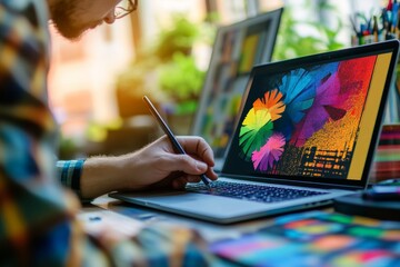 Graphic designer brainstorms innovative logo and art concepts in vibrant creative workshop