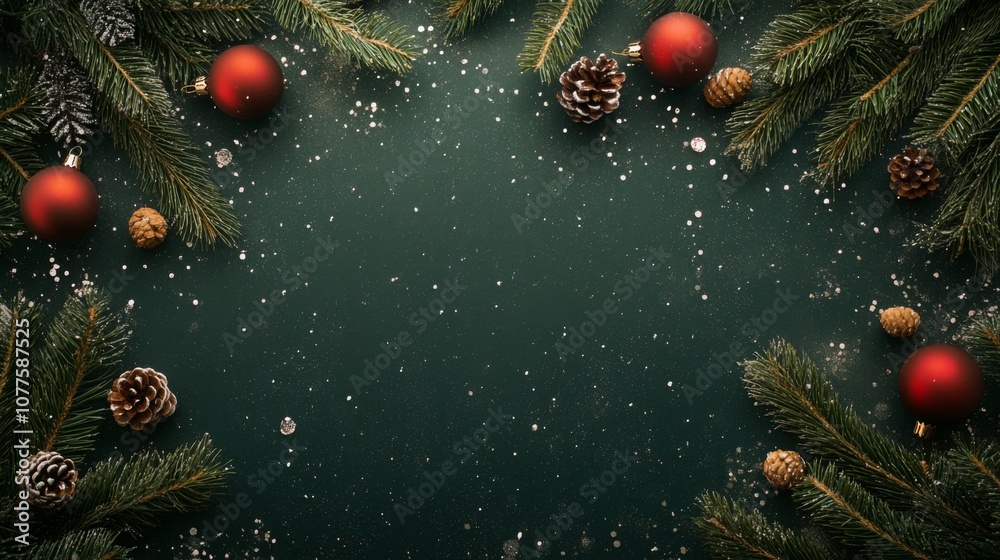 Poster A flat lay with a dark green background scattered with white glitter resembling snow. The edges are decorated with pine branches and red ornaments, creating a festive border.
