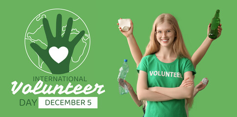 Female volunteer and hands with bottles and paper on green background
