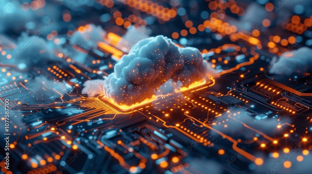 Poster close-up view of cloud computing with blue glowing clouds on circuit board background for seamless b