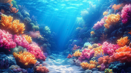 Dive into a vibrant underwater world filled with colorful corals and thriving marine life beneath the sun