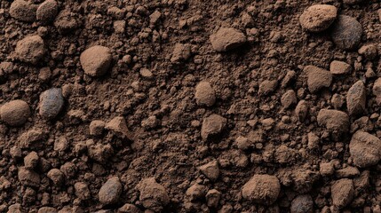 Close-up view of textured brown soil with various small and medium-sized rocks and pebbles scattered across the surface.