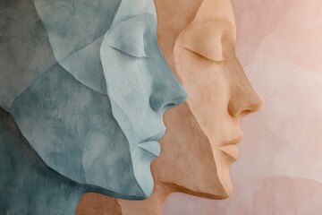 Two abstract silhouettes of faces in pastel hues reflect a deep sense of communication and empathy between individuals. Generative AI
