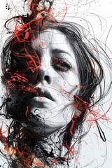 Abstract Double Exposure Woman Portrait with Red Splashes and Grunge Elements Reflecting Depression and Grief