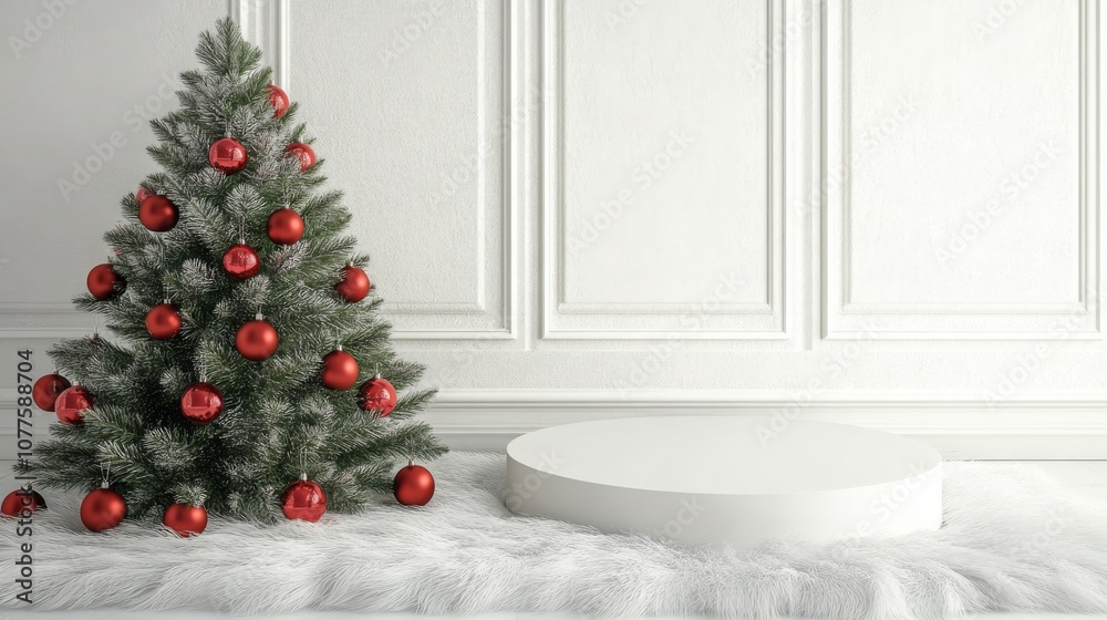Poster a christmas tree with red ornaments is decorated in a white room with a white base in front of it. t