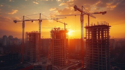 Sunset View of Construction Site with Cranes and Buildings
