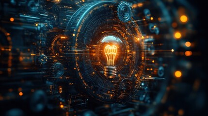 Obraz premium A glowing light bulb amidst a futuristic mechanical backdrop.