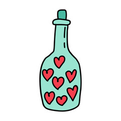 Love potion bottle with wooden cork and red hearts inside isolated on white, doodle style. Drawn love potion for Valentines Day, weddings. Love potion for creating romantic moments, celebrating love