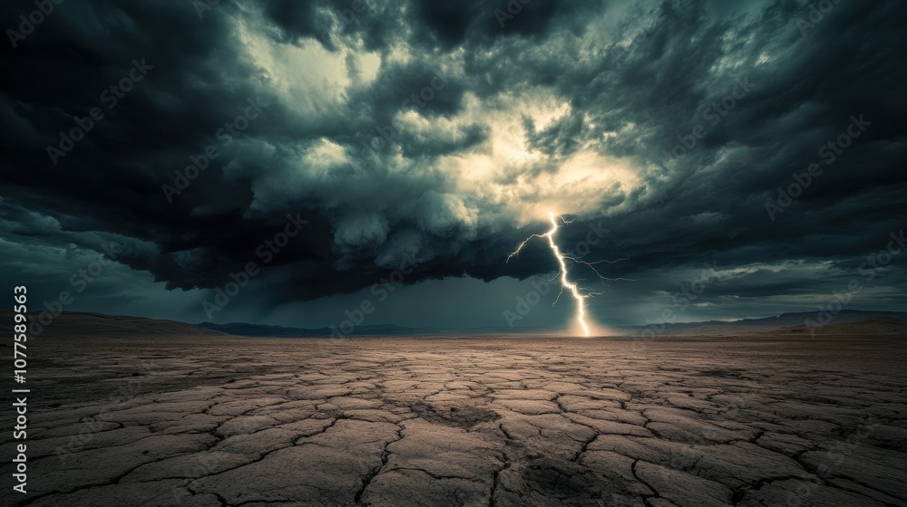Aufkleber dark clouds loom over the arid desert, cracks in the ground deepening as lightning strikes illuminat